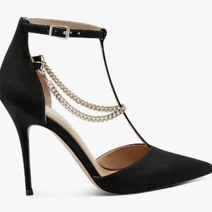 Black pointed toe JESSICA SIMPSON Wintelle Chain Buckle T-Strap Suede Pumps 8M